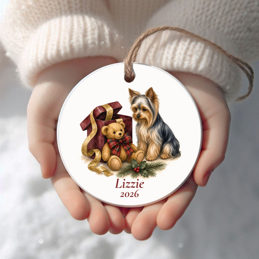 Personalized Yorkshire Terrier Christmas ornament held in cupped hands