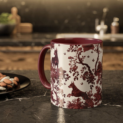 Doberman cranberry toile ceramic mug styled on a table — lifestyle photo