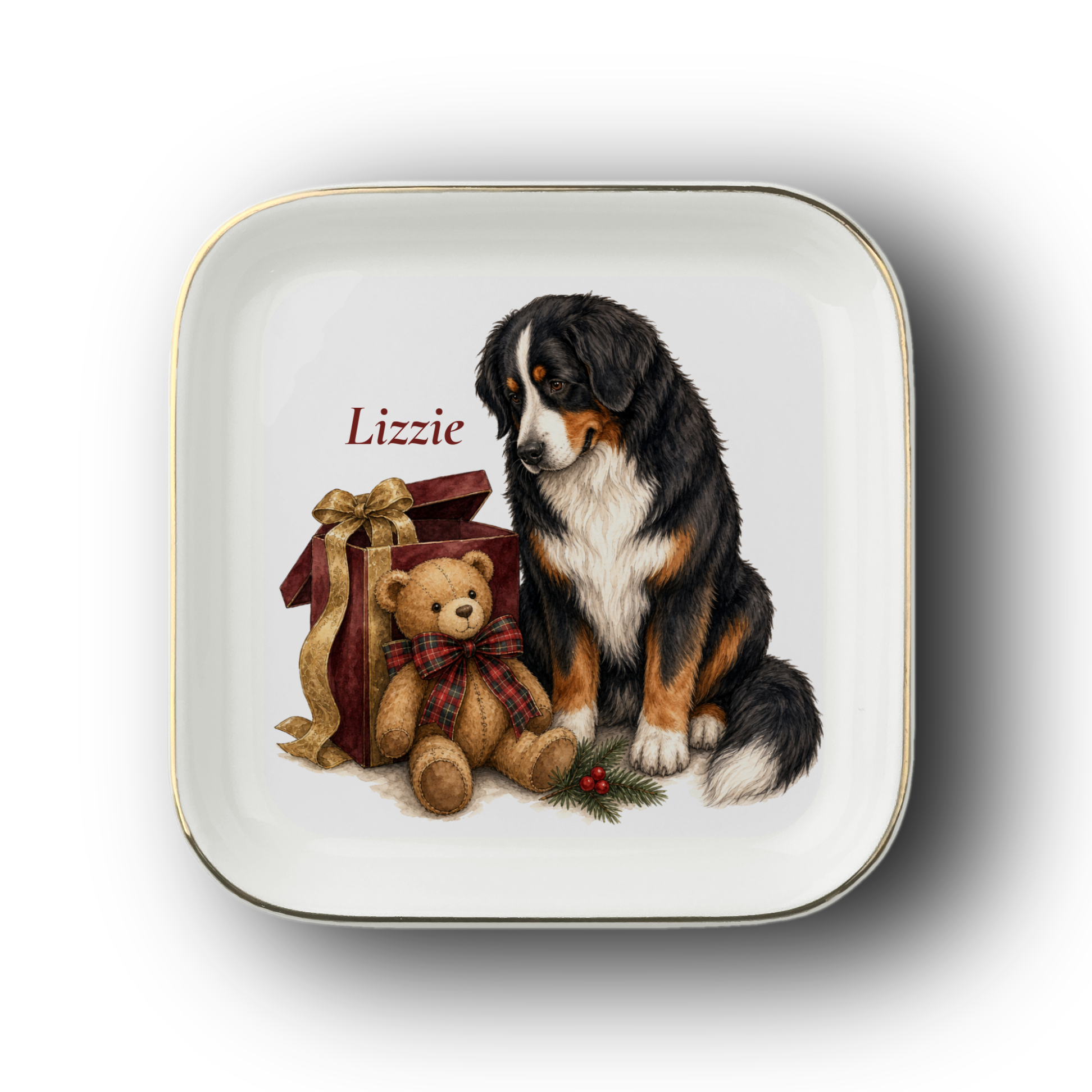 Bernese Mountain Dog jewelry dish on a white background