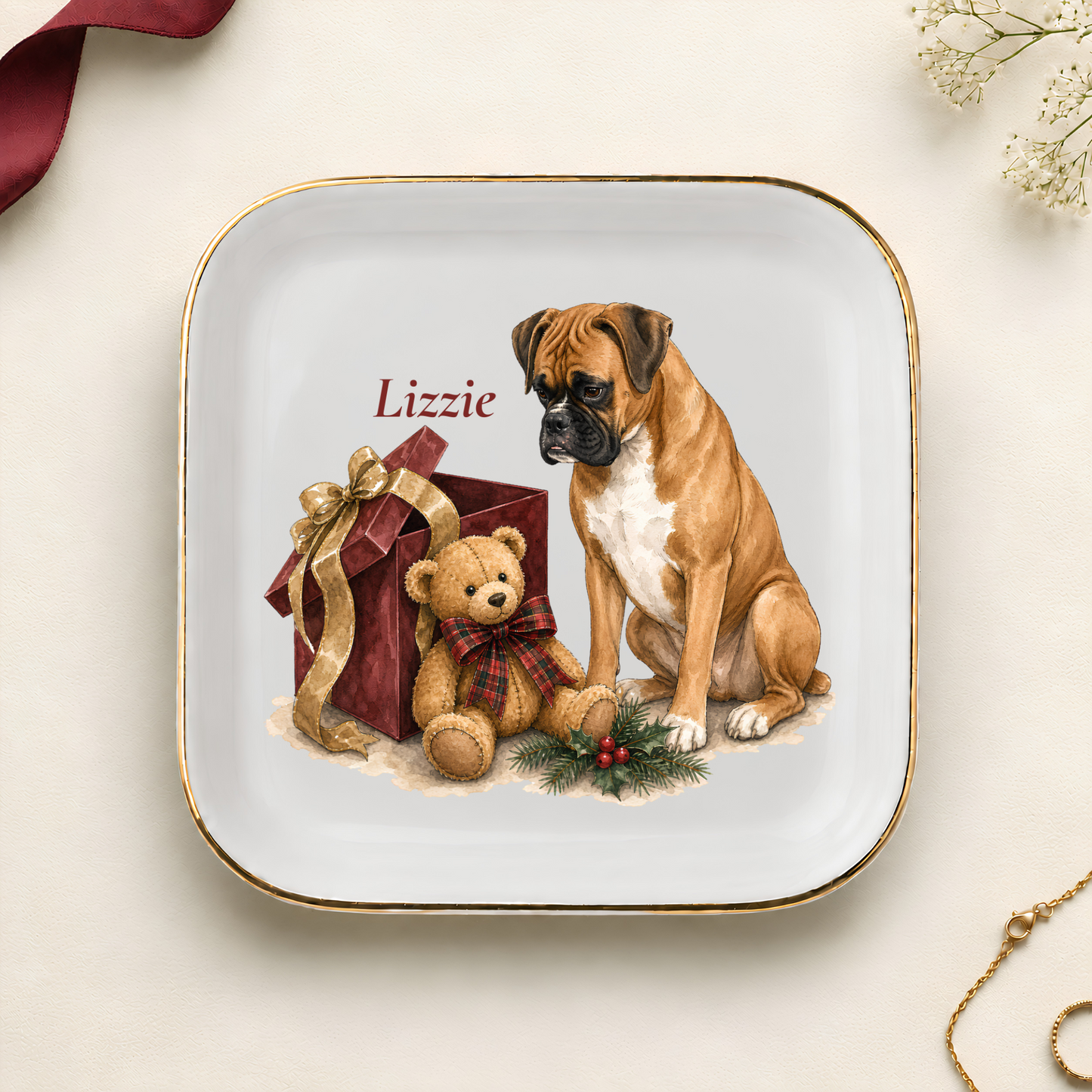 Personalized Boxer Christmas jewelry dish with gold rim