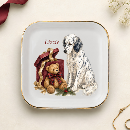 Personalized English Setter Christmas jewelry dish with gold rim
