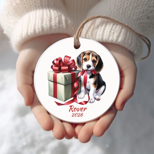 Personalized Beagle Christmas ornament held in cupped hands
