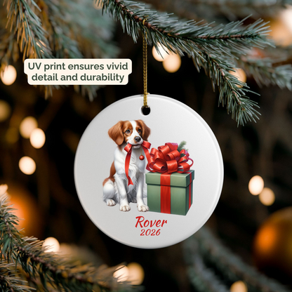 Personalized Brittany Spaniel ornament hanging on a lit Christmas tree