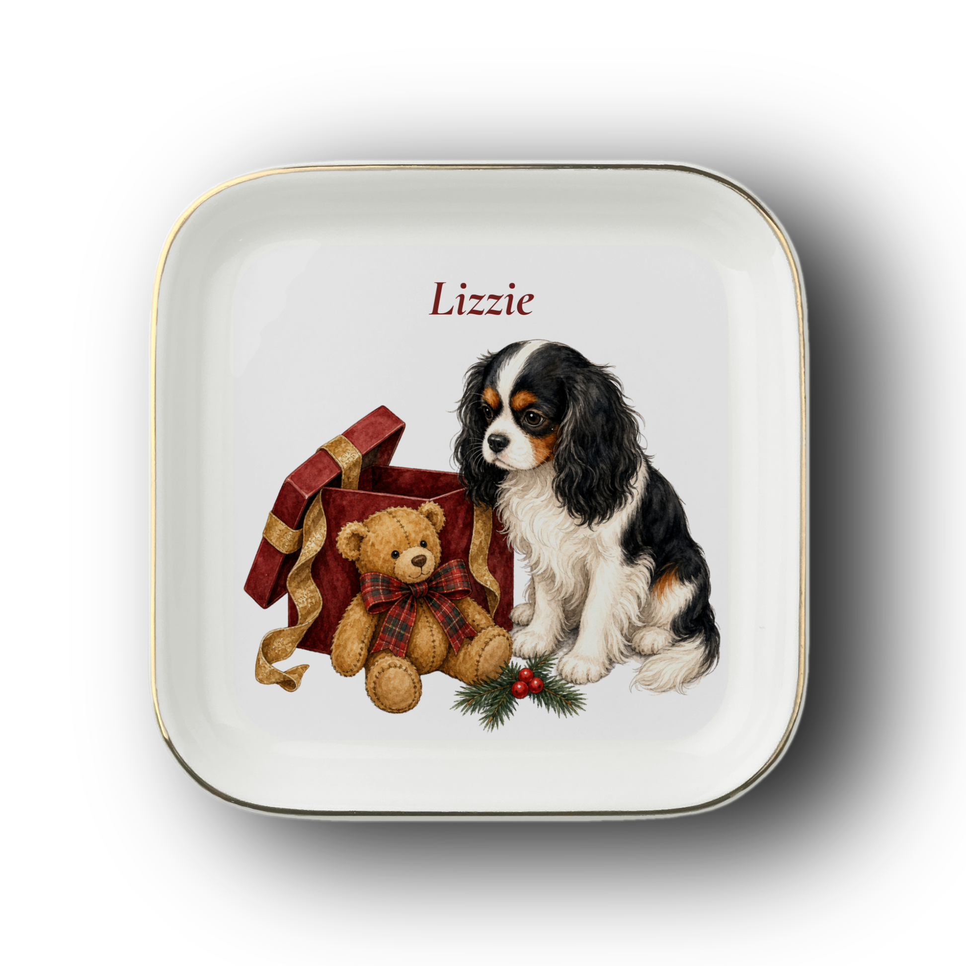 Cavalier King Charles Spaniel jewelry dish on a white background