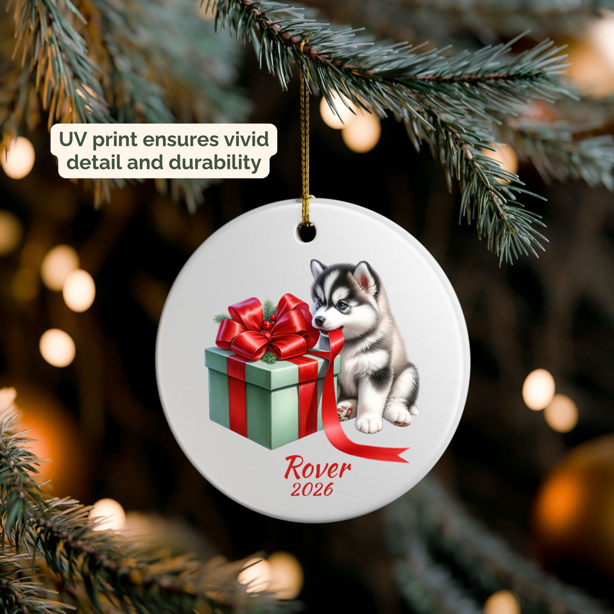 Personalized Siberian Husky ornament hanging on a lit Christmas tree