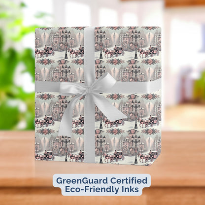 Pastel Paris horse and carriage Christmas wrapping paper