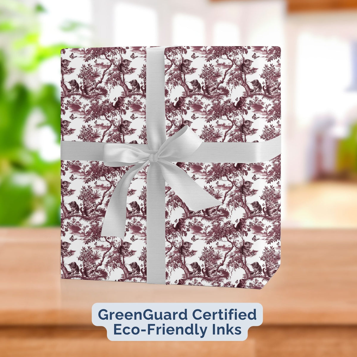 Cat cranberry garden toile Christmas wrapping paper