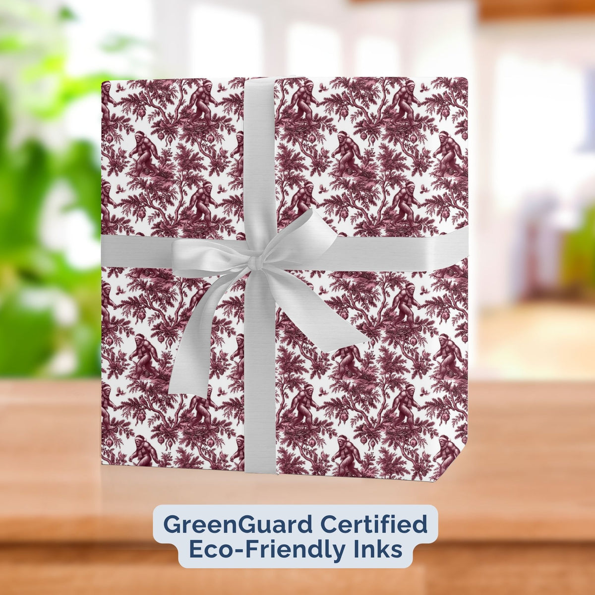 Bigfoot cranberry Christmas wrapping paper