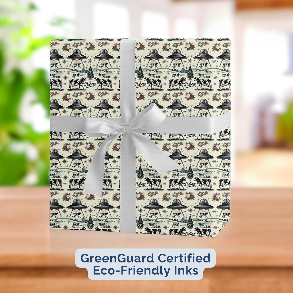UFO Cow Abduction Christmas wrapping paper