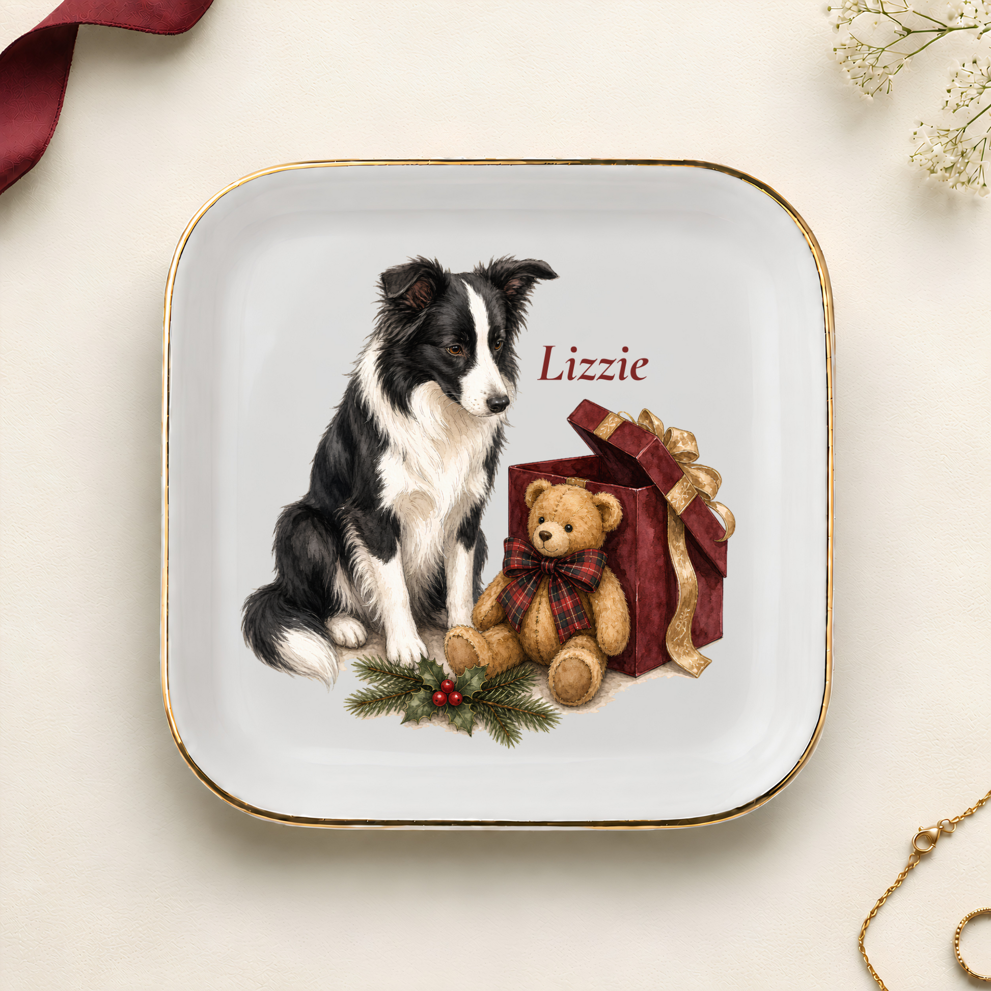 Personalized Border Collie Christmas jewelry dish with gold rim