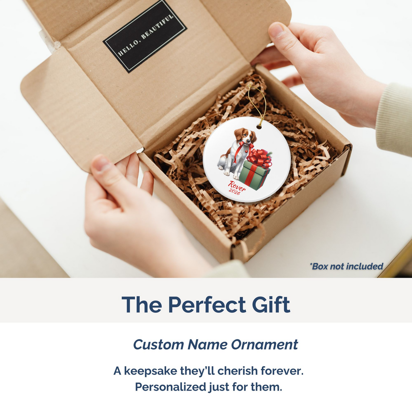 Brittany Spaniel personalized ornament packed in a gift mailer box