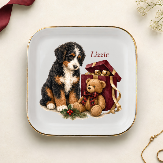 Personalized Bernedoodle Christmas jewelry dish with gold rim