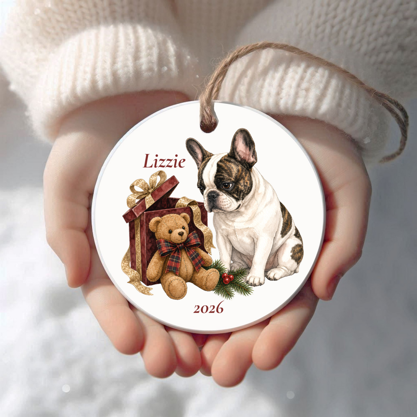 Personalized French Bulldog Christmas ornament held in cupped hands