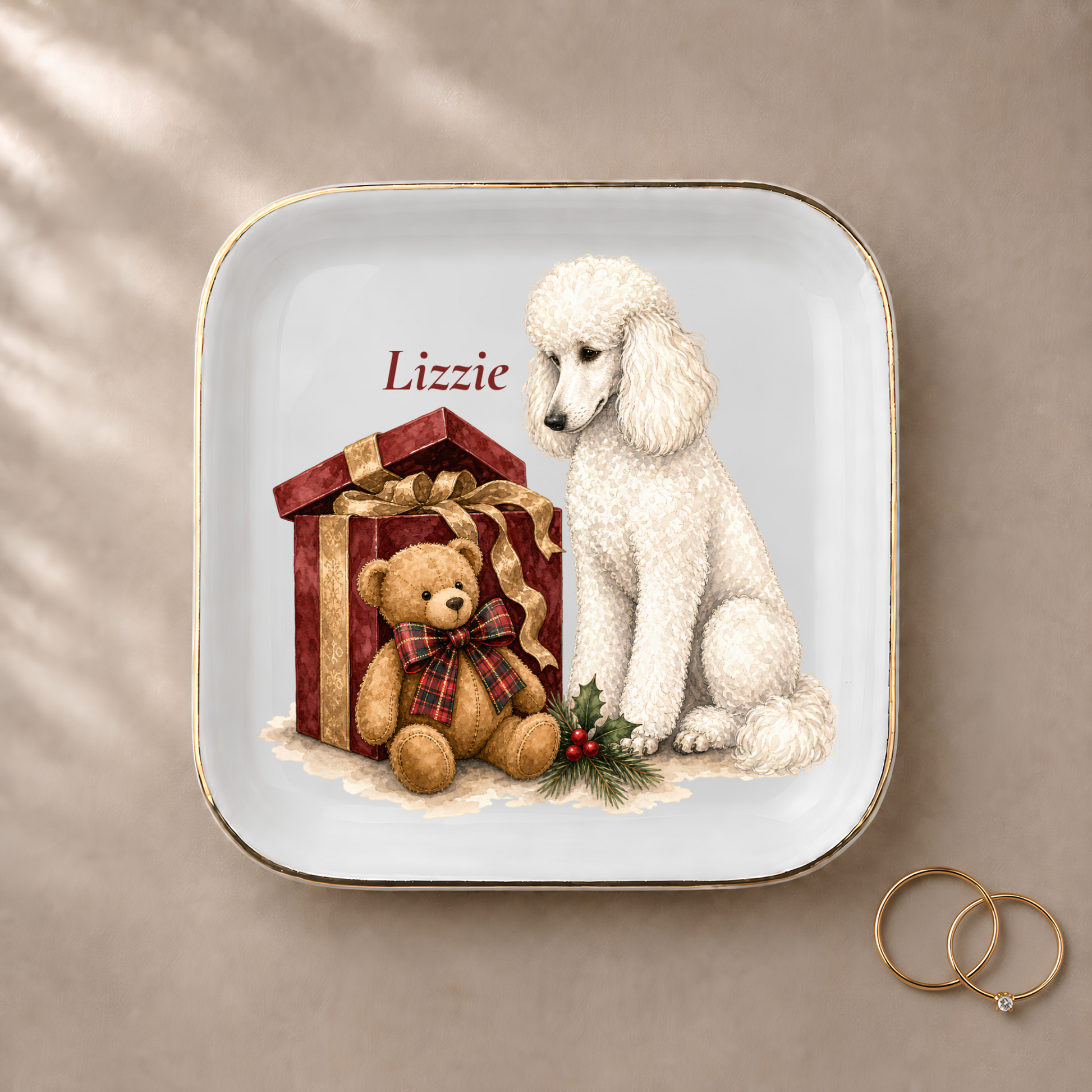 Standard Poodle jewelry dish styled with gold rings and a personalized name