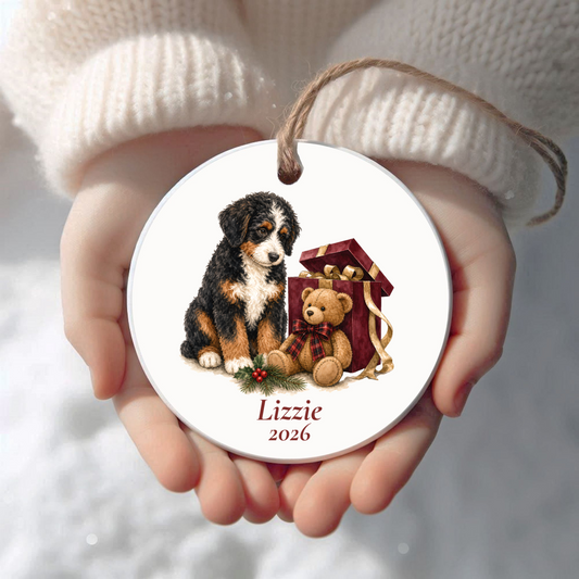 Personalized Bernedoodle Christmas ornament held in cupped hands