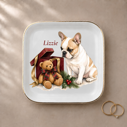 French Bulldog jewelry dish styled with gold rings and a personalized name