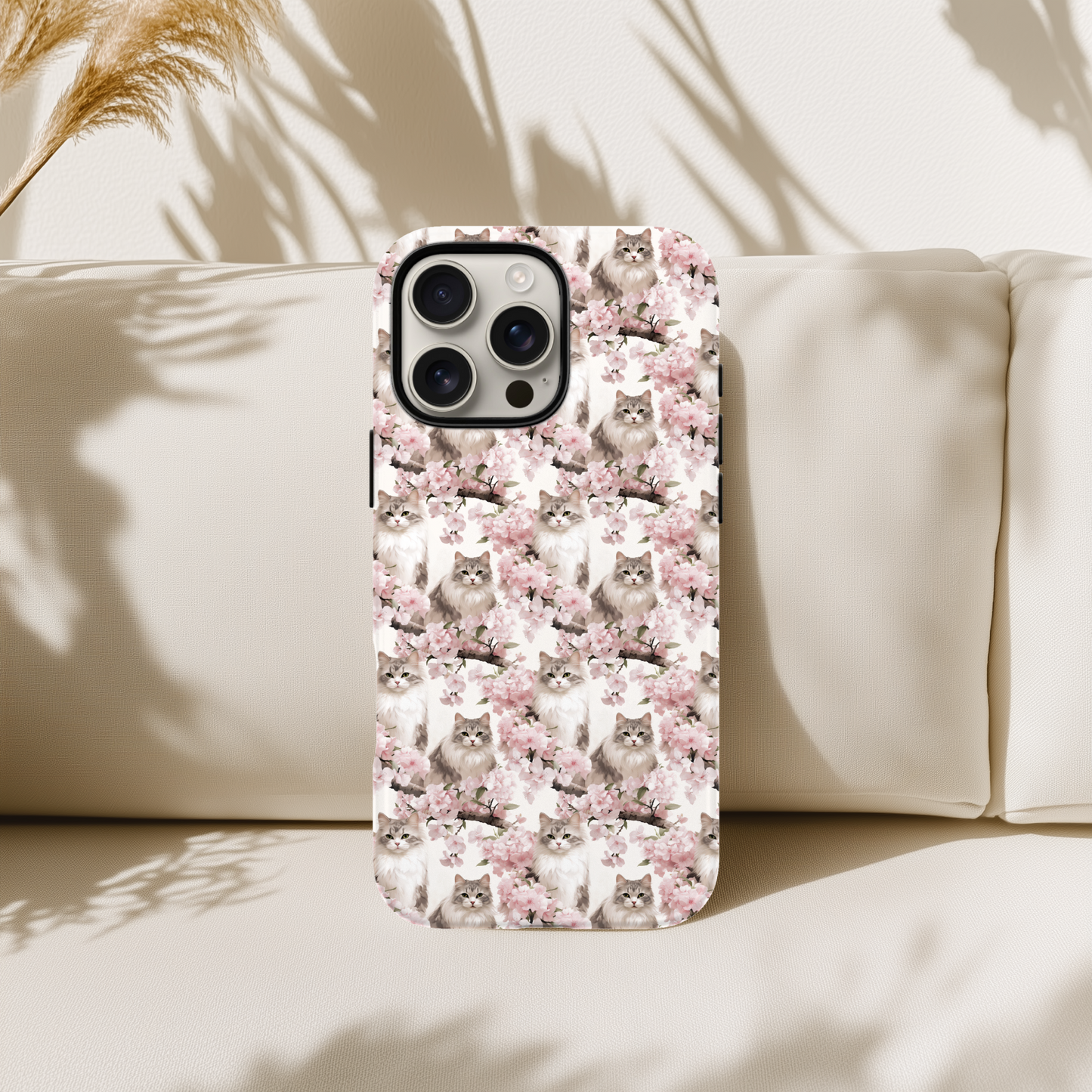 Cat Phone Case - Cherry Blossom Pattern