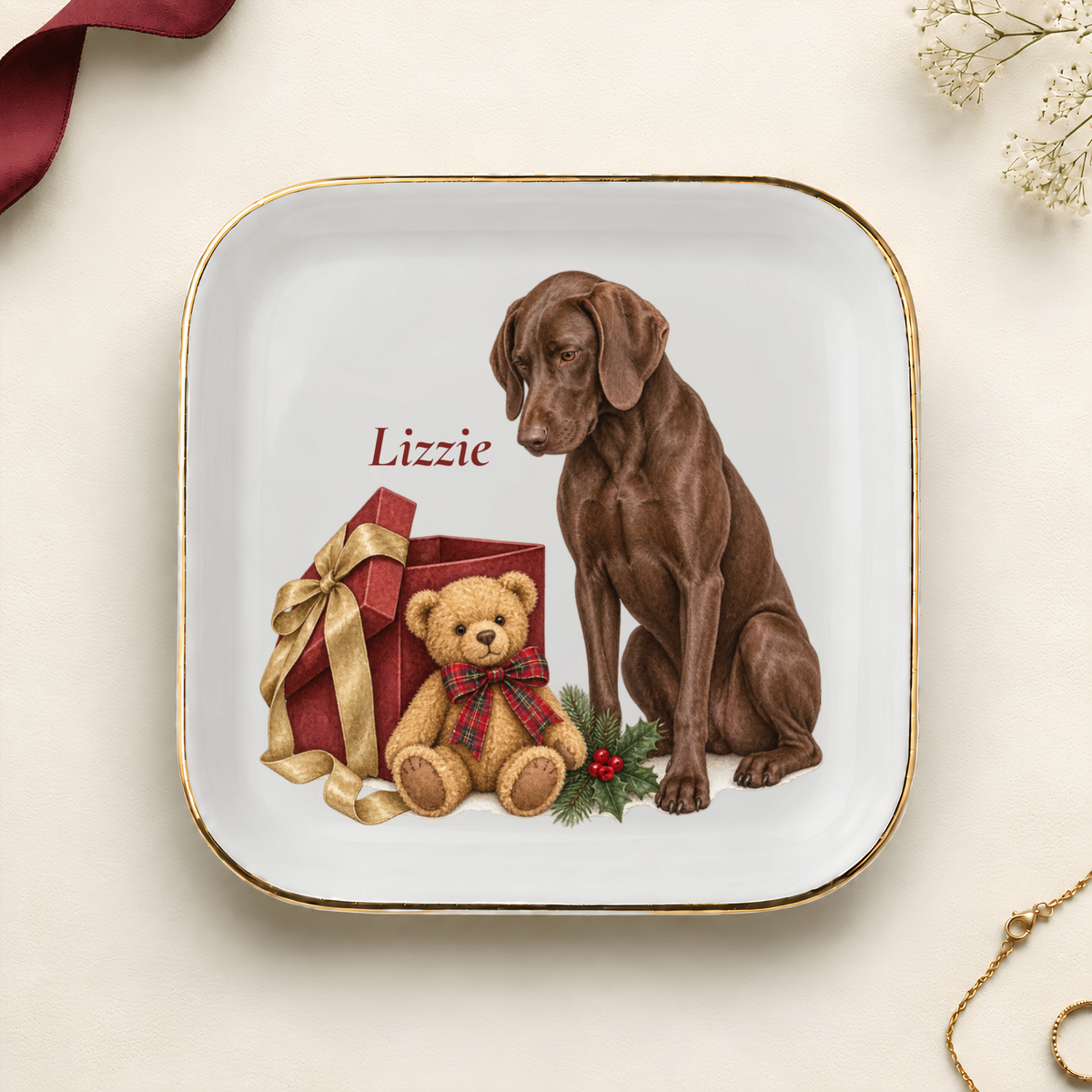 Personalized German Shorthaired Pointer (Liver) Bear Necessities Christmas jewelry dish with gold rim