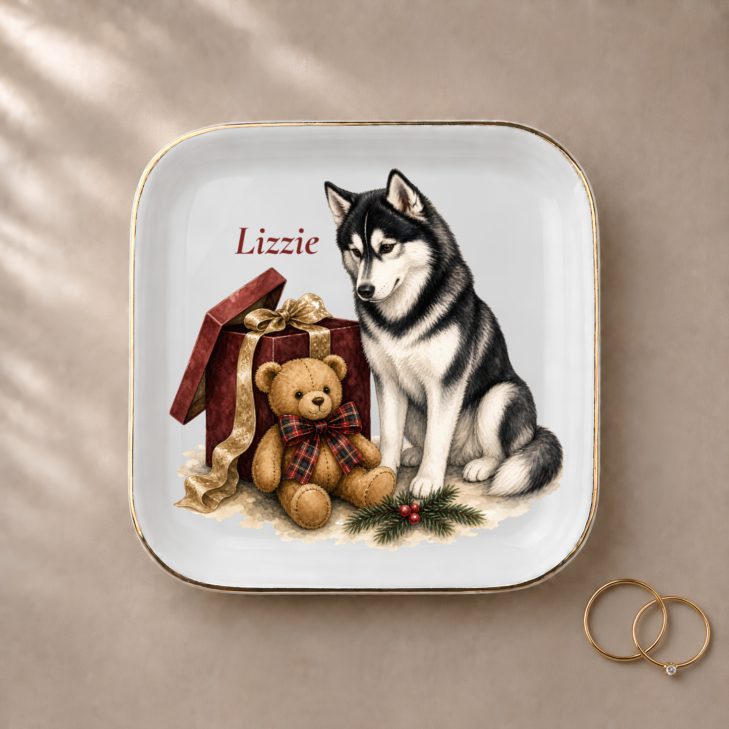 Siberian Husky jewelry dish styled with gold rings and a personalized name