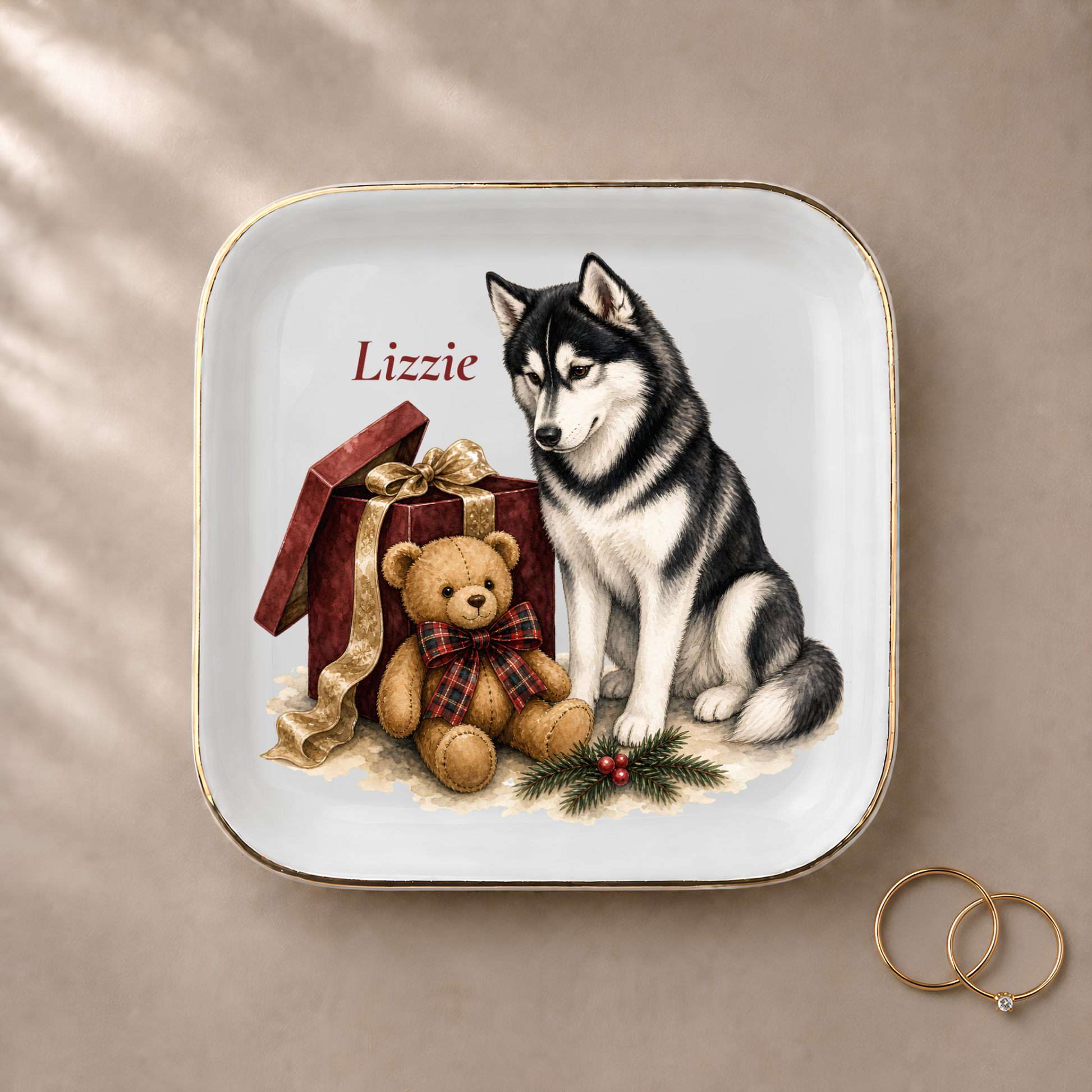 Siberian Husky jewelry dish styled with gold rings and a personalized name