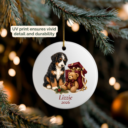 Personalized Bernedoodle ornament hanging on a lit Christmas tree