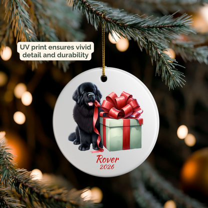 Personalized Newfoundland ornament hanging on a lit Christmas tree