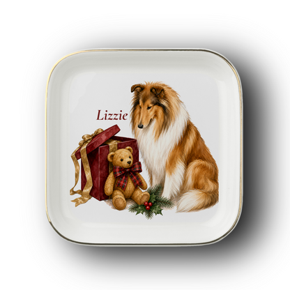 Rough Collie jewelry dish on a white background