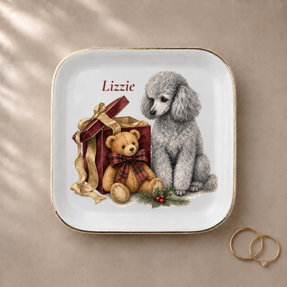Miniature Poodle jewelry dish styled with gold rings and a personalized name