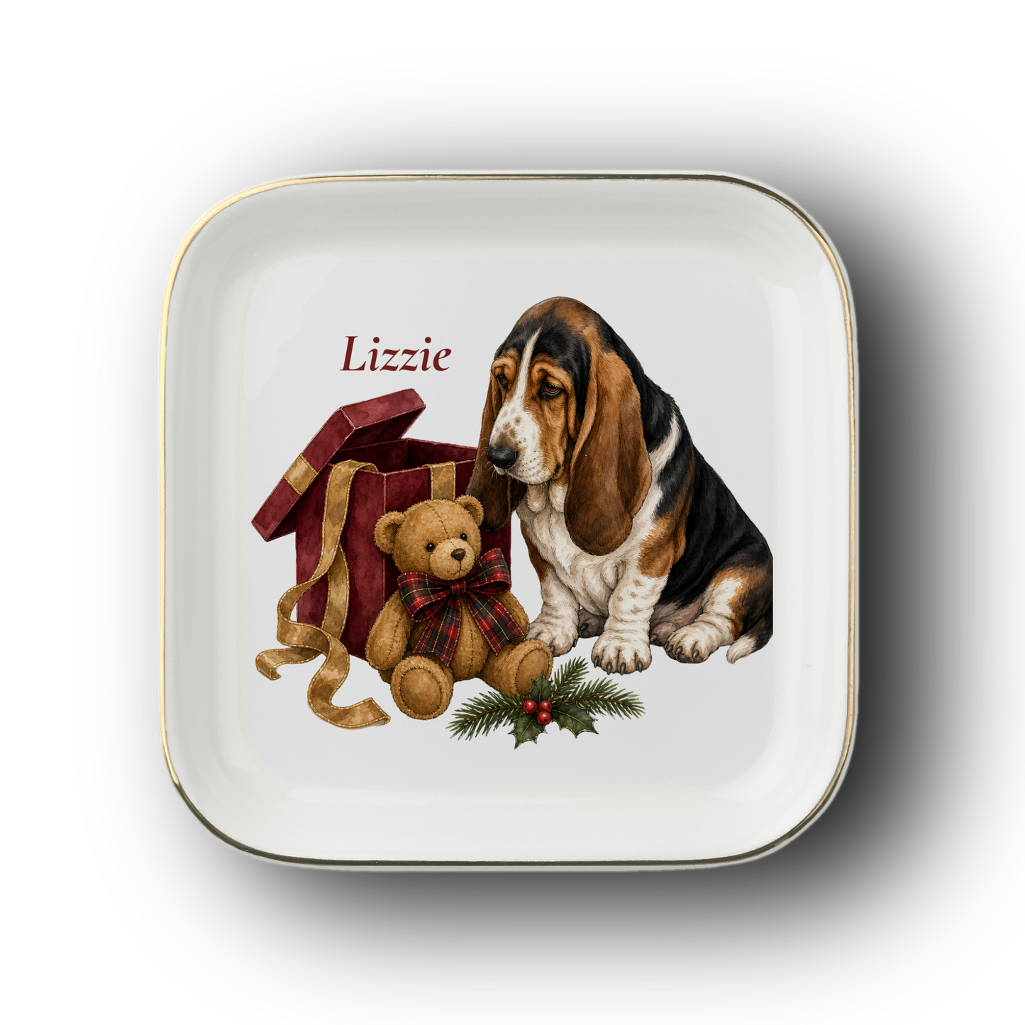 Basset Hound jewelry dish on a white background