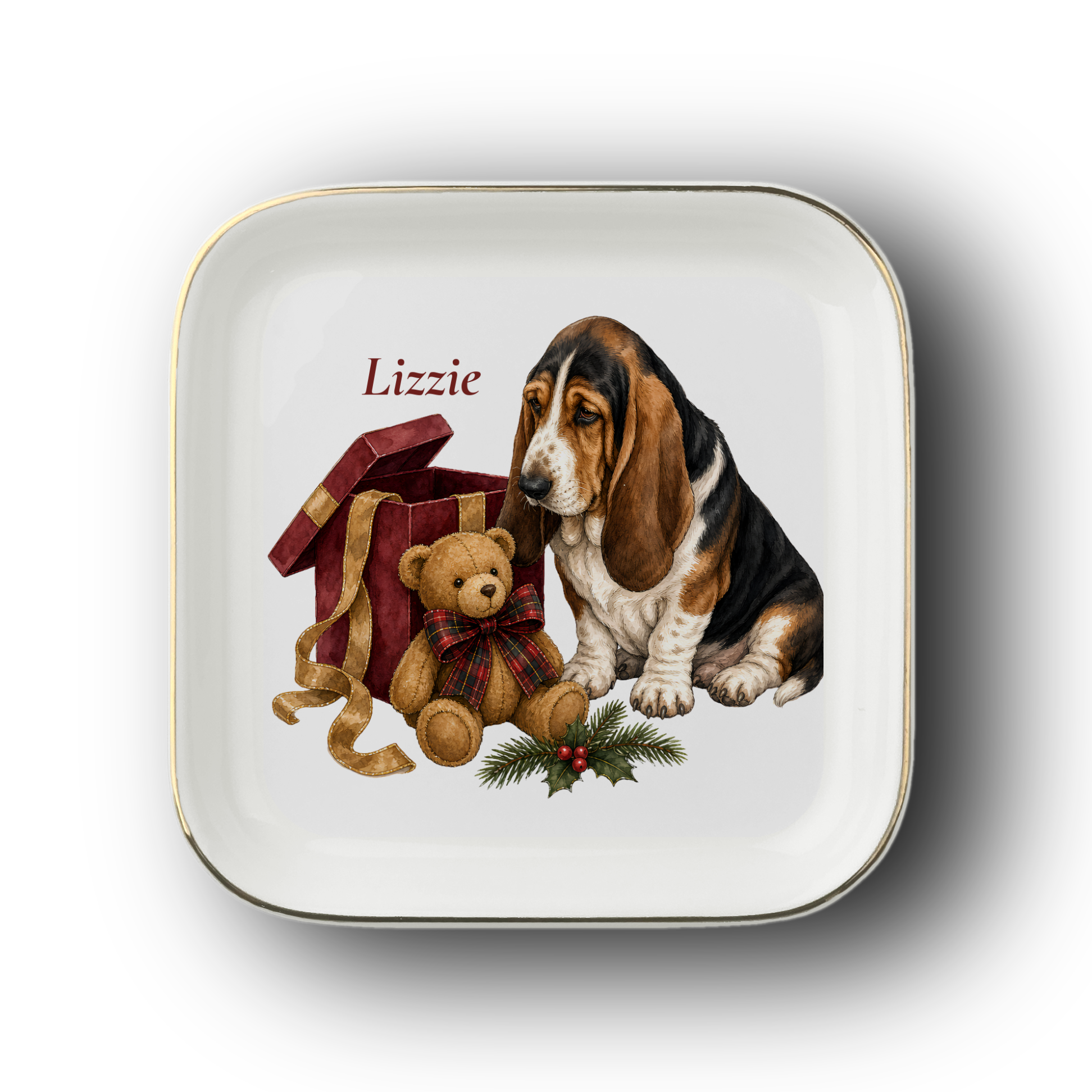 Basset Hound jewelry dish on a white background