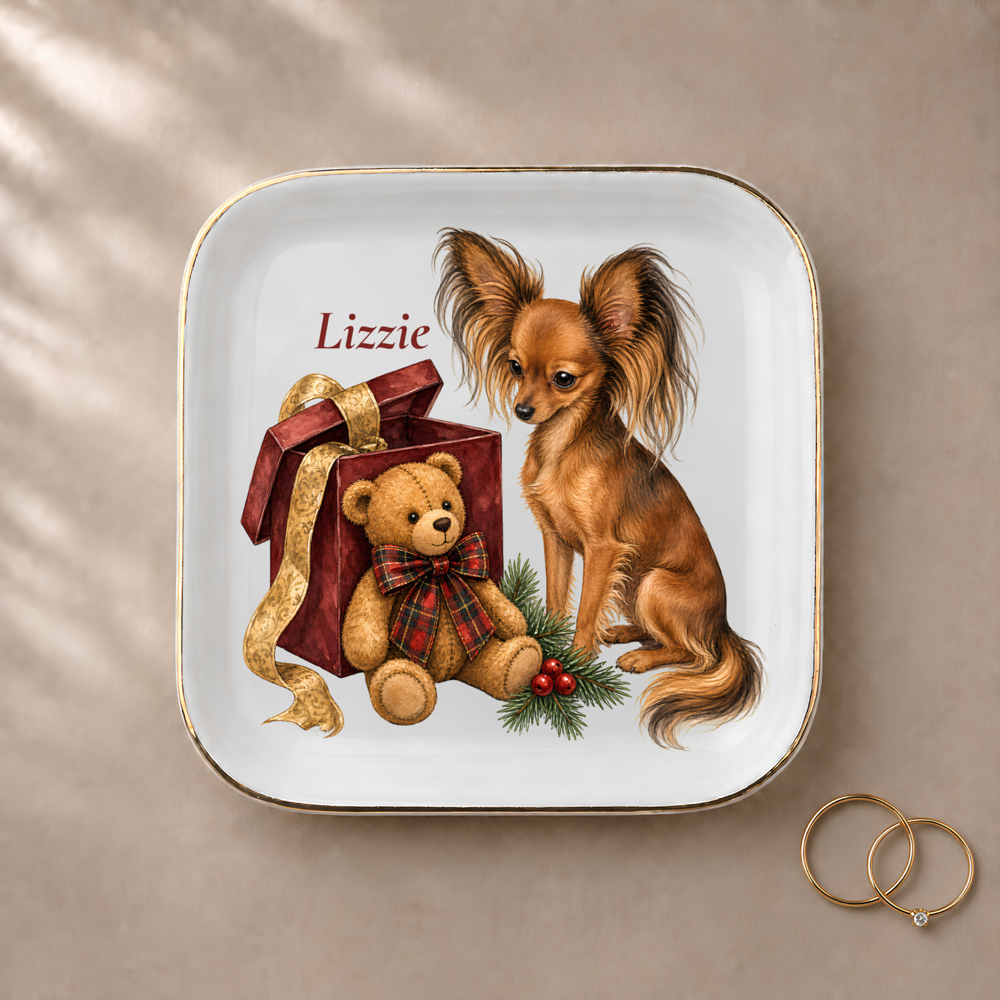 Russian Toy jewelry dish styled with gold rings and a personalized name