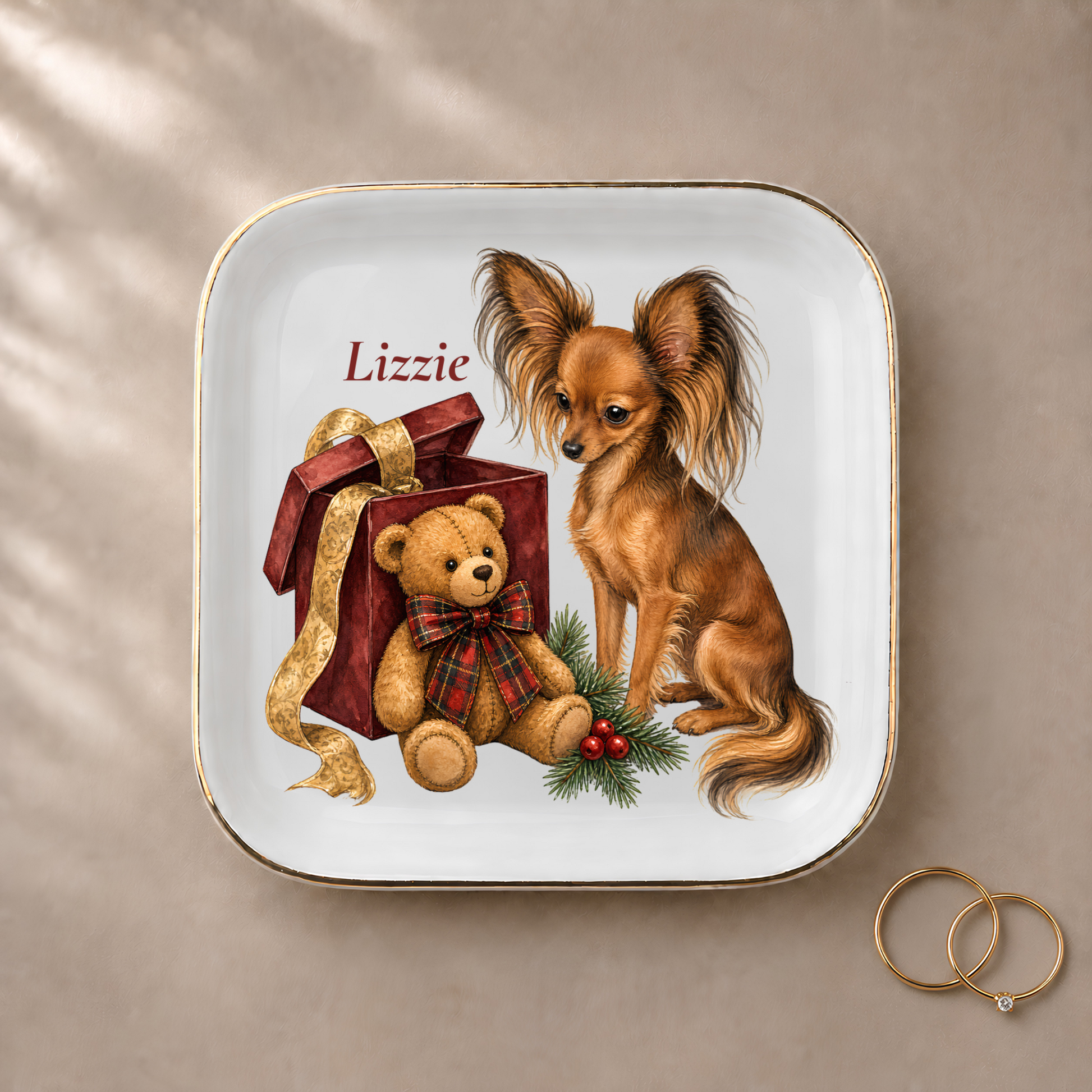 Russian Toy jewelry dish styled with gold rings and a personalized name