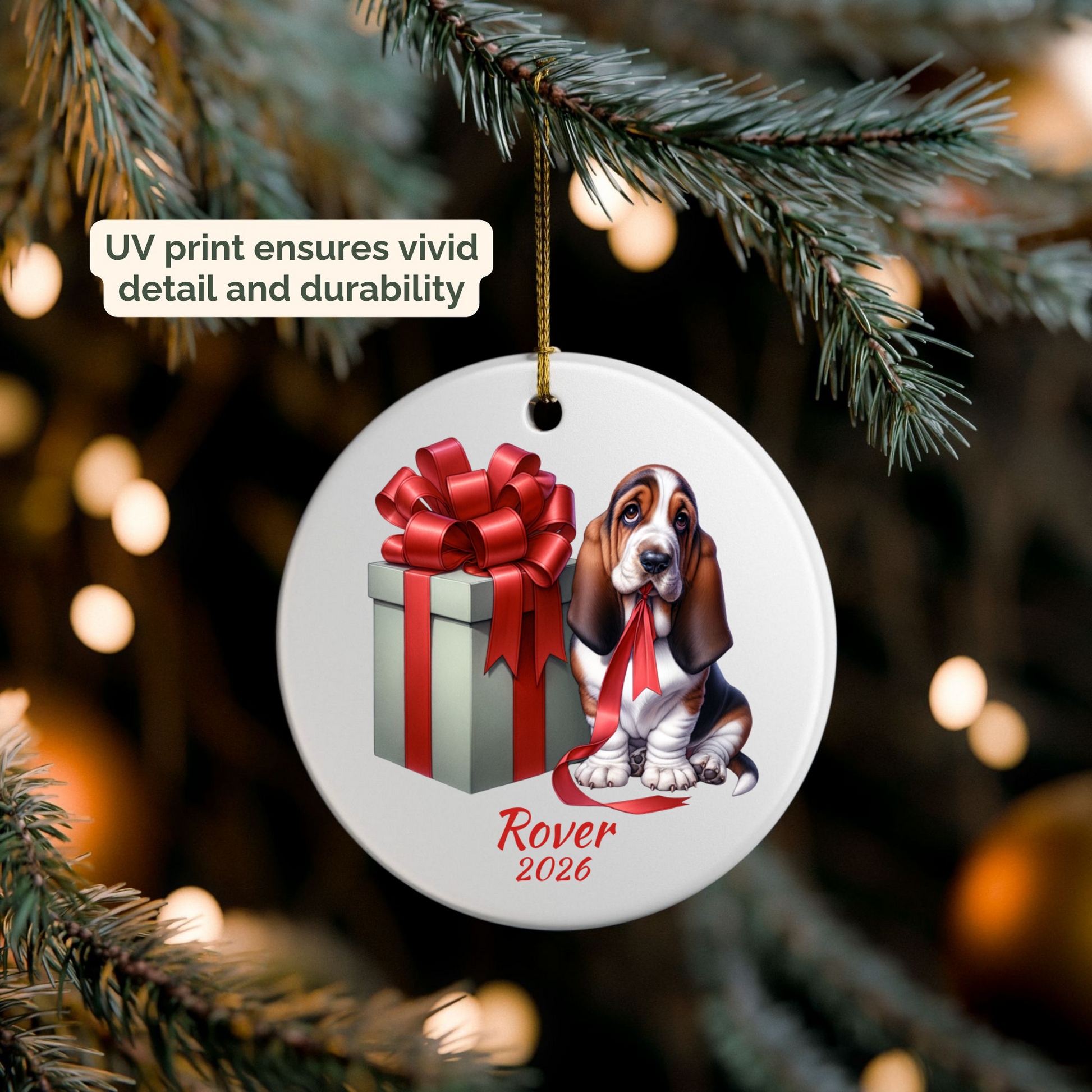 Personalized Basset Hound ornament hanging on a lit Christmas tree