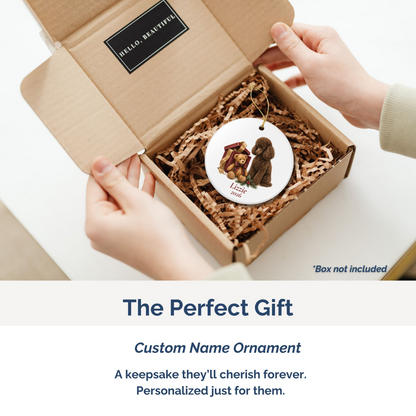 Miniature Poodle (Brown) personalized ornament packed in a gift mailer box