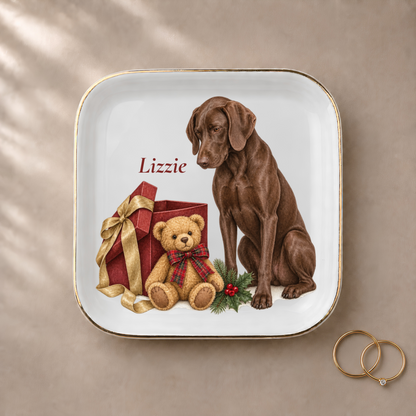 German Shorthaired Pointer (Liver) Bear Necessities jewelry dish styled with gold rings and a personalized name