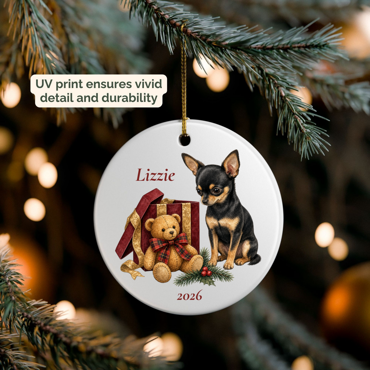 Personalized Chihuahua ornament hanging on a lit Christmas tree
