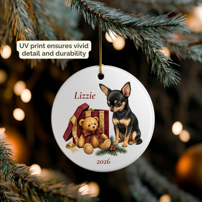 Personalized Chihuahua ornament hanging on a lit Christmas tree