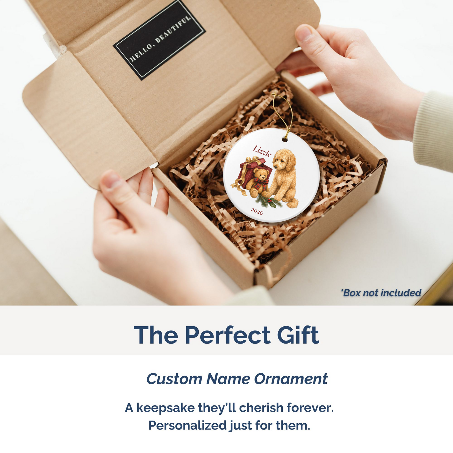 Goldendoodle personalized ornament packed in a gift mailer box