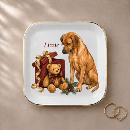Rhodesian Ridgeback jewelry dish styled with gold rings and a personalized name