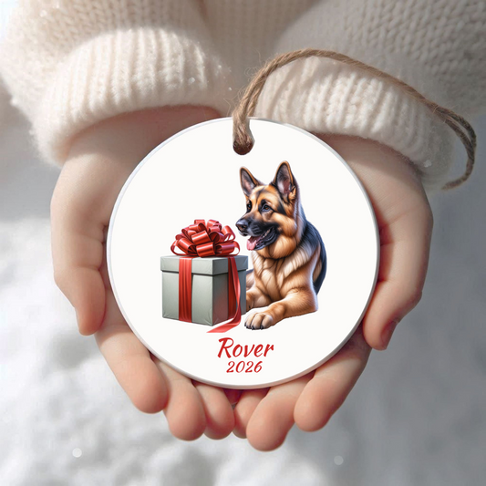 Personalized German Shepherd Christmas ornament held in cupped hands