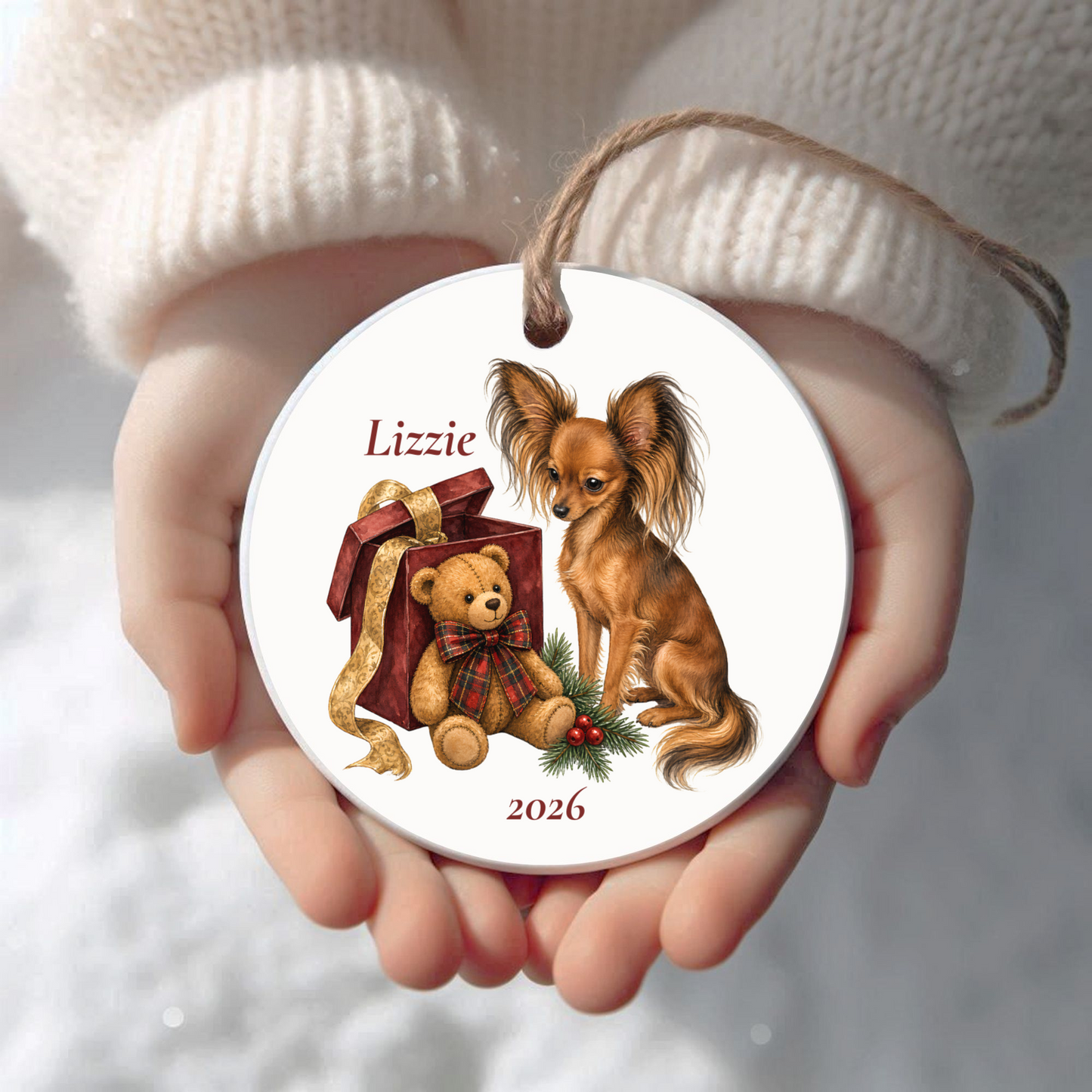 Personalized Russian Toy Christmas ornament held in cupped hands