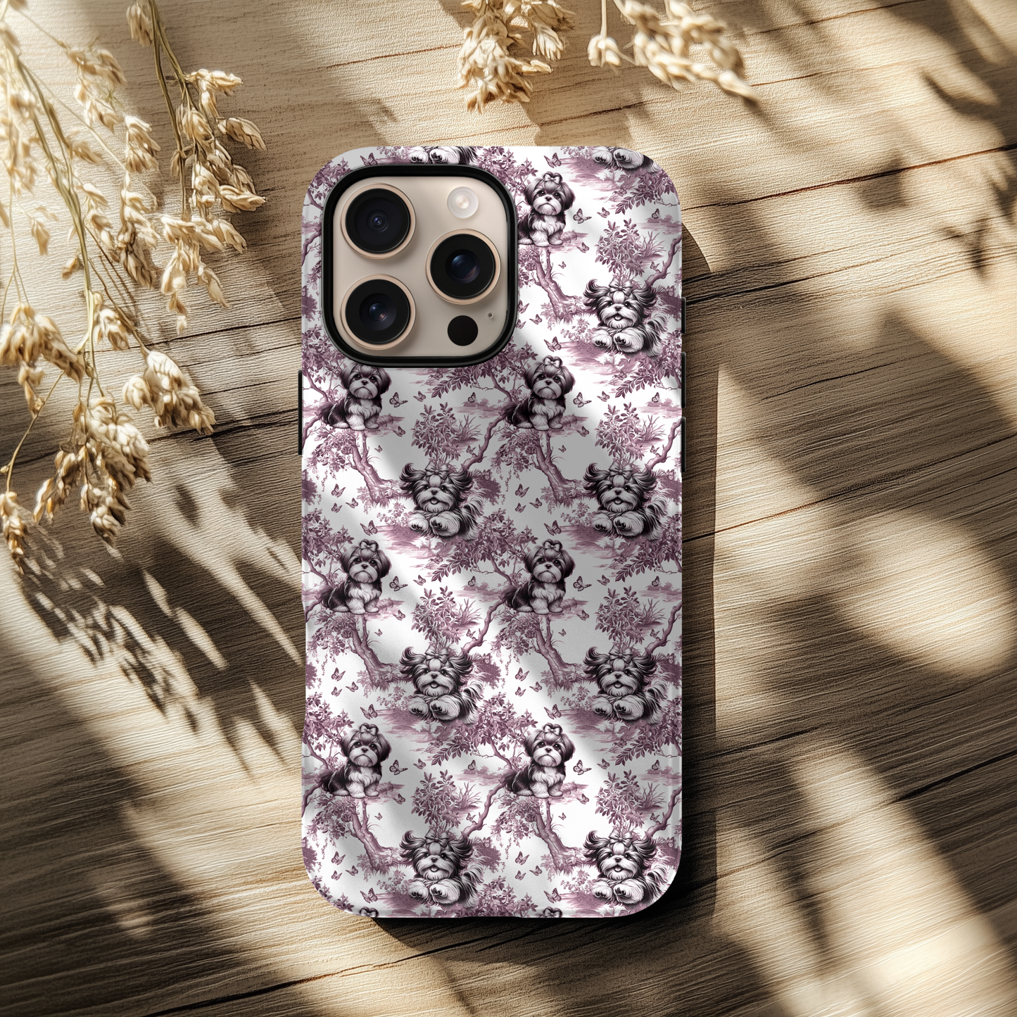Shih Tzu Phone Case - Pink Toile Pattern