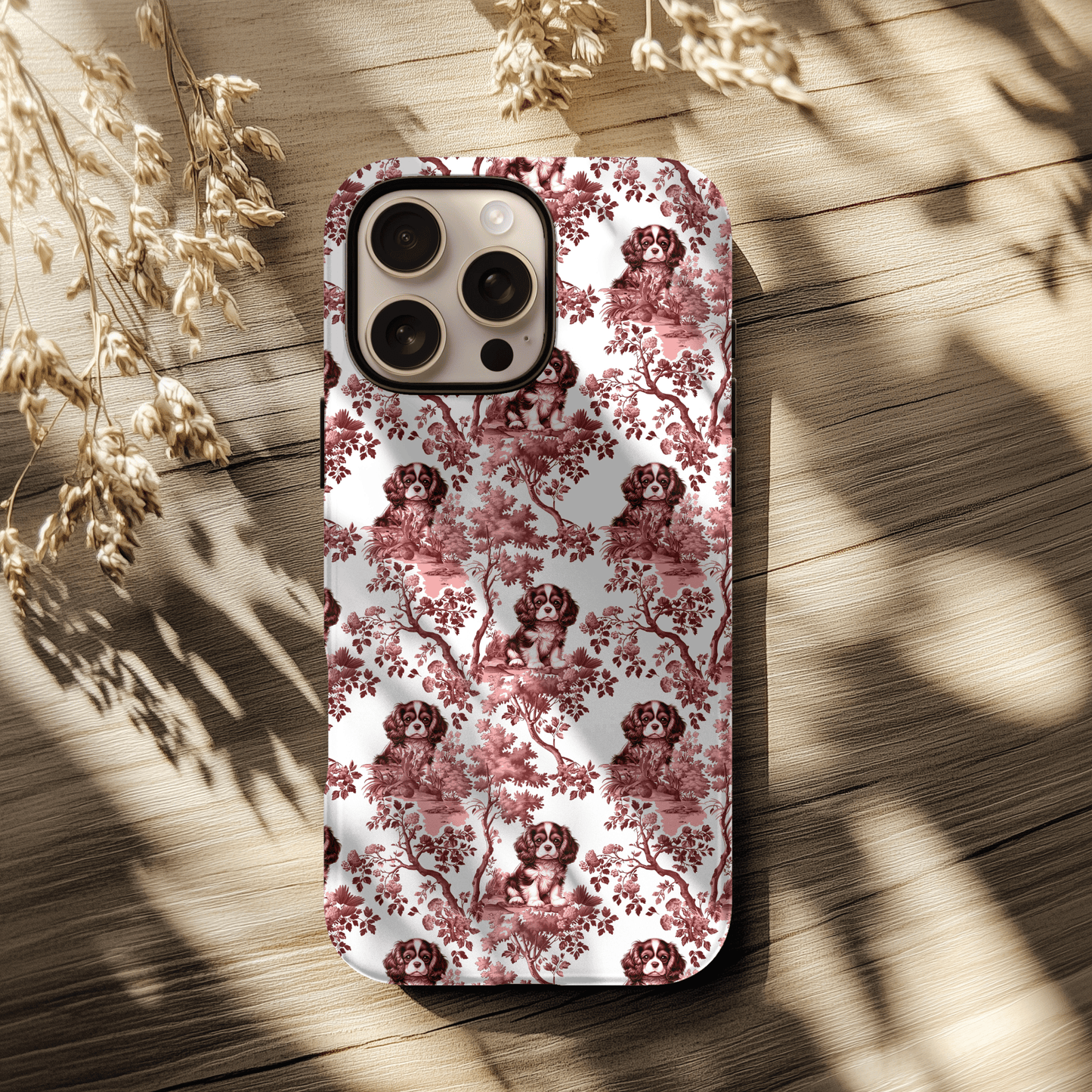 Cavalier King Charles Spaniel Phone Case -  Pink Toile Pattern