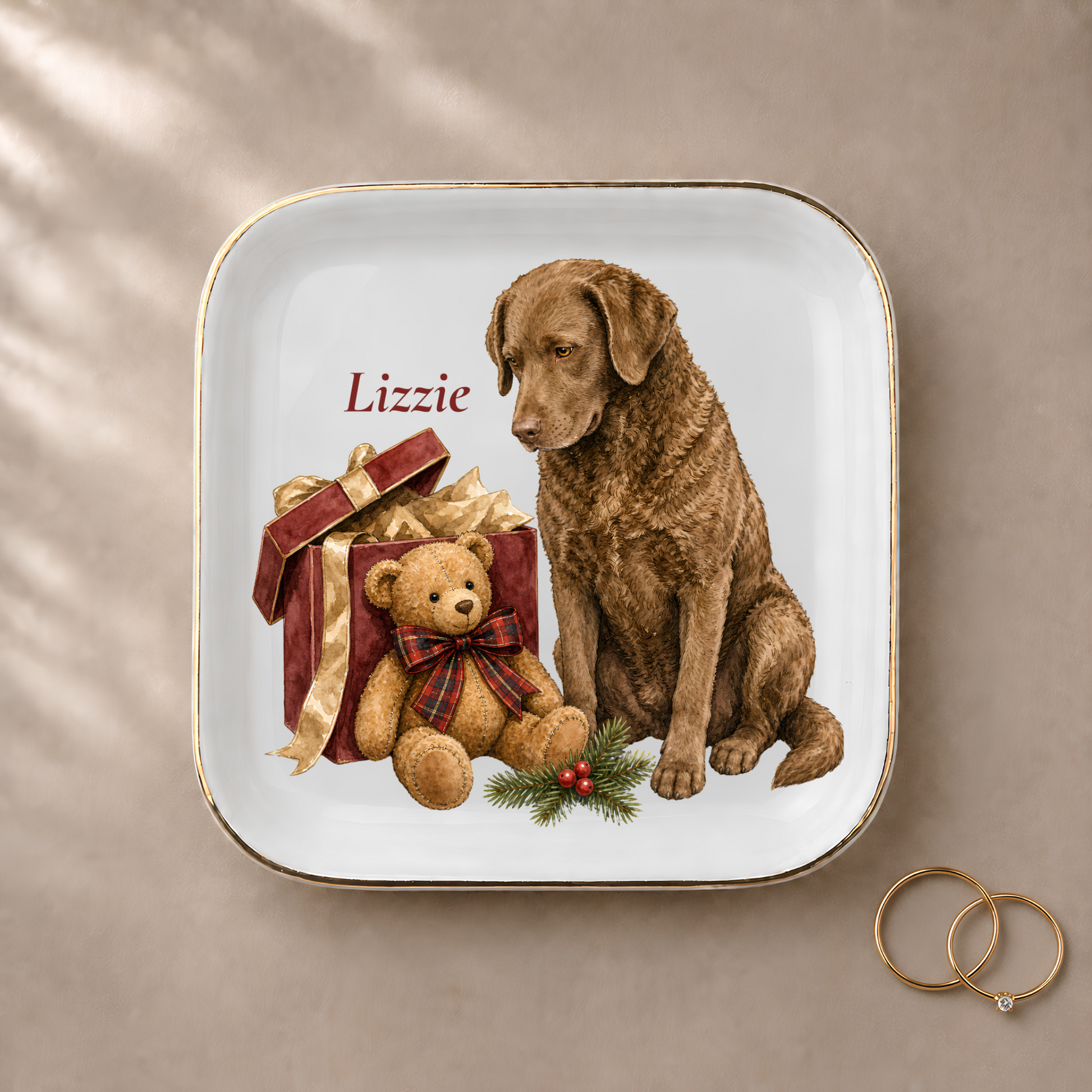 Chesapeake Bay Retriever jewelry dish styled with gold rings and a personalized name