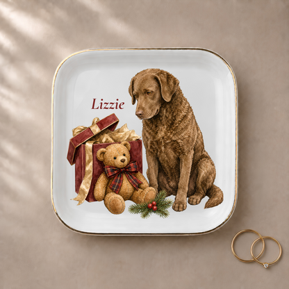 Chesapeake Bay Retriever jewelry dish styled with gold rings and a personalized name
