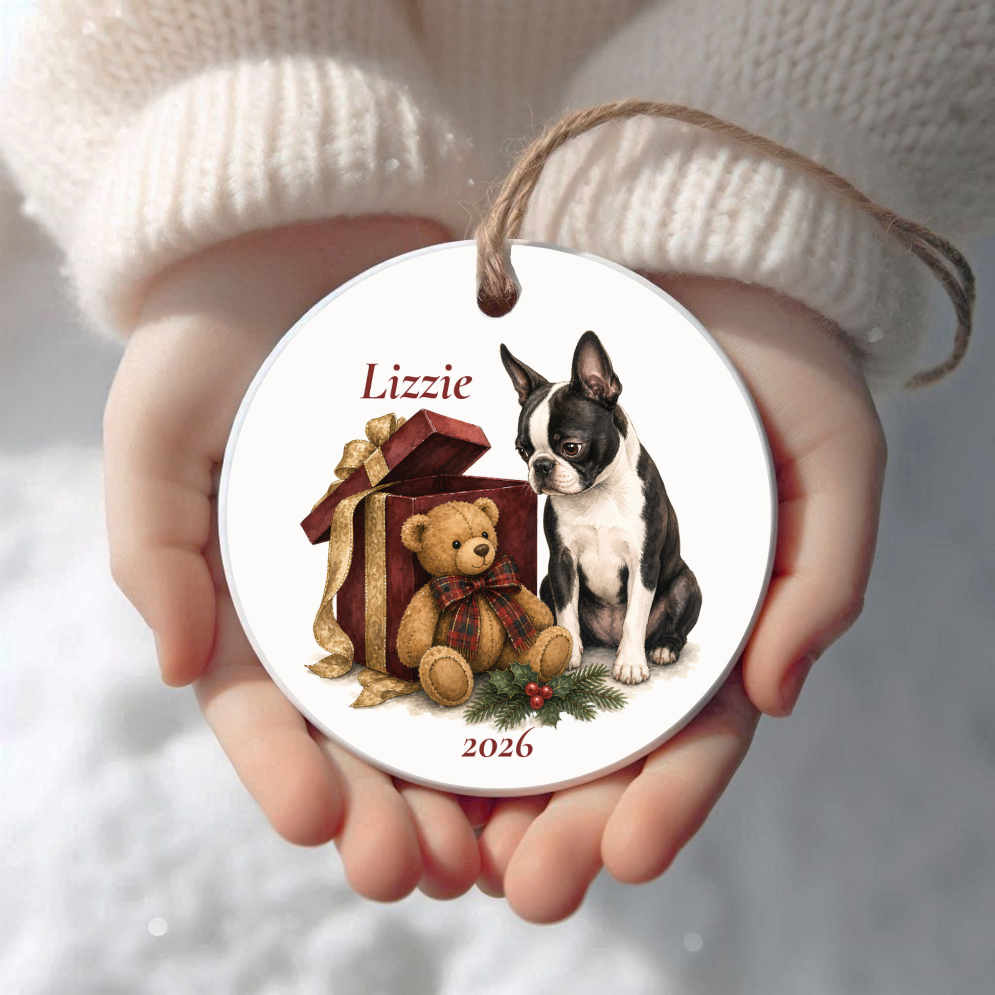 Personalized Boston Terrier (Black) Christmas ornament held in cupped hands
