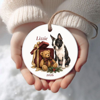 Personalized Boston Terrier (Black) Christmas ornament held in cupped hands