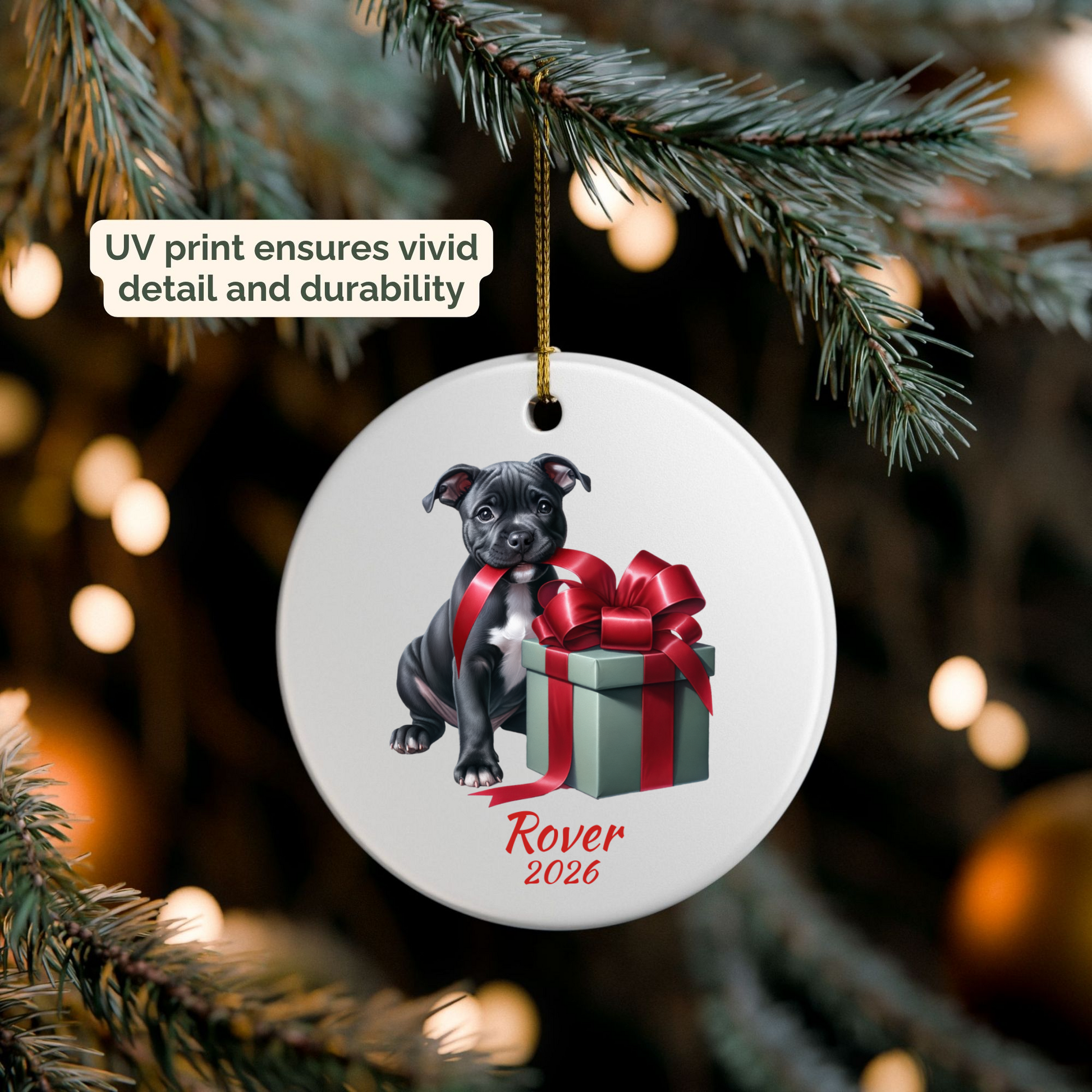 Personalized American Staffordshire Terrier ornament hanging on a lit Christmas tree