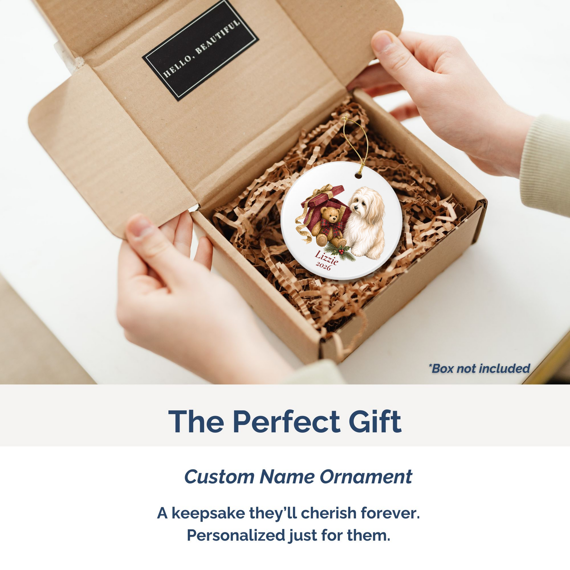 Havanese personalized ornament packed in a gift mailer box