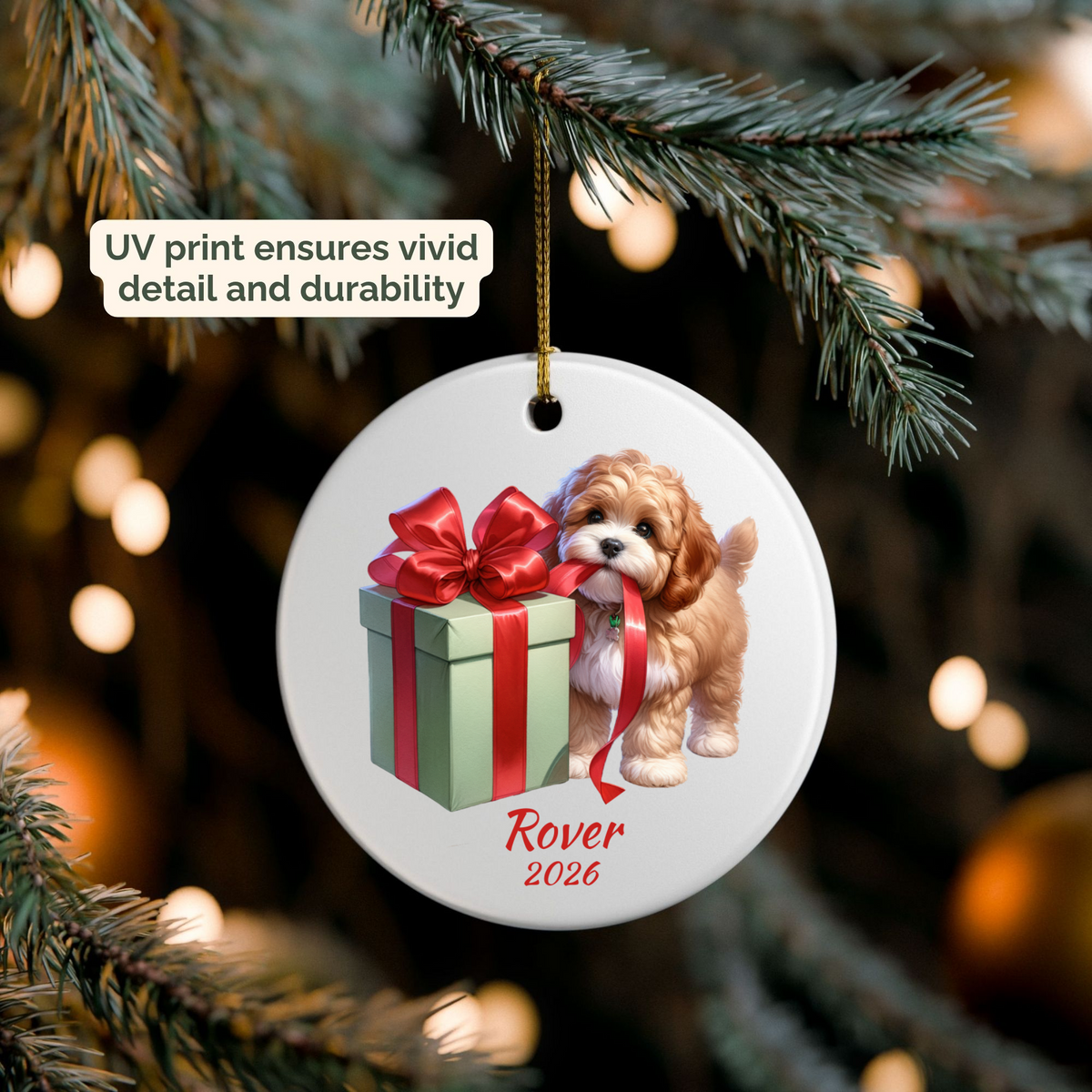 Personalized Cavapoo ornament hanging on a lit Christmas tree